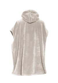 Huvtröja poncho i mjuk, beige fleece med vida ärmhål och rak nederkant. Har en texturerad, plyschyta.