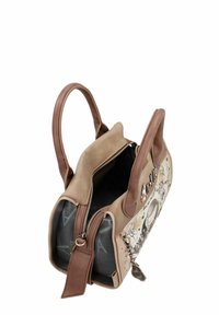 Sac à main marron clair et marron avec une forme structurée, doté d'une fermeture éclair, de deux poignées et de motifs graphiques sur l'extérieur. Accents texturés inclus.