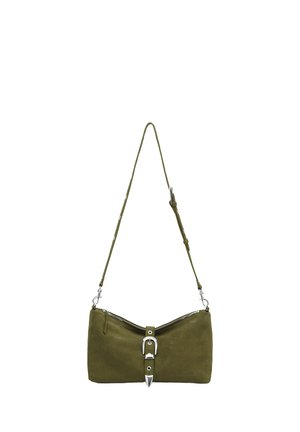 Olive green suede shoulder bag with adjustable strap, silver buckle detail, and zipper closure on top.