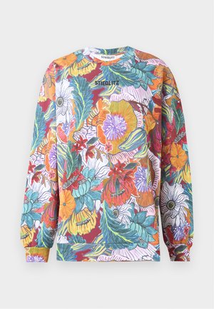 Long-sleeve sweatshirt in vibrant floral pattern, featuring multiple colors including red, orange, blue, and green. Crew neck with ribbed cuffs.