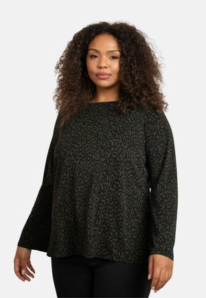 Haut noir à manches longues avec un motif abstrait en olive, présentant une coupe ample et un col rond. Tissu doux et texturé.