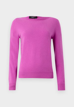 Fuksiaroosa kootud sviiter pikkaeustega, ümmarguse kaeluse ning soonikute ja helmestega. Sile tekstuur pehme viimistlusega.