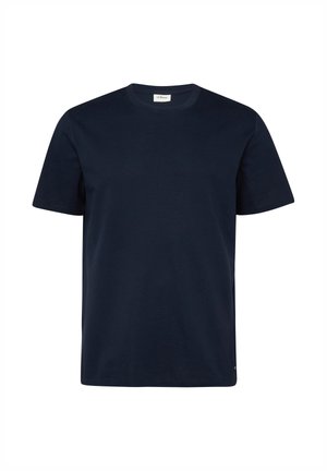 Marineblaues T-Shirt mit kurzem Arm und Rundhalsausschnitt, aus dezent strukturiertem Stoff, mit einem kleinen Markenetikett am hinteren Kragen.