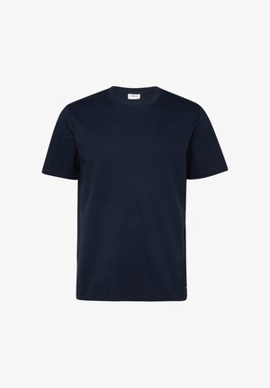 Marineblaues T-Shirt mit kurzem Arm und Rundhalsausschnitt, aus dezent strukturiertem Stoff, mit einem kleinen Markenetikett am hinteren Kragen.