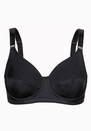 Reggiseno nero con stecche, realizzato in tessuto liscio simile alla satinatura, con coppe leggermente imbottite, spalline regolabili e chiusura a gancetto sul retro.