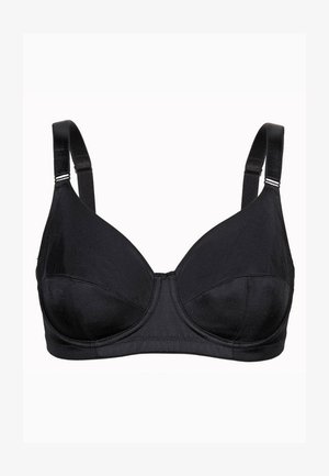 Reggiseno nero con stecche, realizzato in tessuto liscio simile alla satinatura, con coppe leggermente imbottite, spalline regolabili e chiusura a gancetto sul retro.