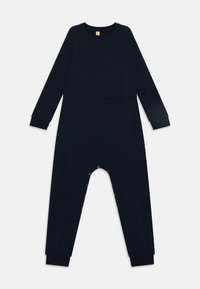 Marinblå jumpsuit laget av myk stoff har lange ermer, ribbede mansjetter og trykknapper langs innsiden av benet for enkel bruk.