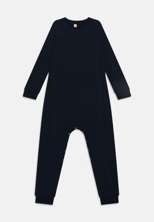 Jumpsuit blu navy realizzato in morbido tessuto, presenta maniche lunghe, polsini a costine e chiusure a pressione lungo la cucitura interna per una vestibilità facile.