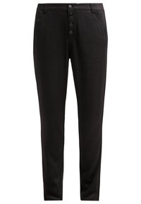 Pantaloni neri su misura realizzati in un tessuto liscio, caratterizzati da un design a gamba dritta, chiusura con cinque bottoni e tasche anteriori per utilità.