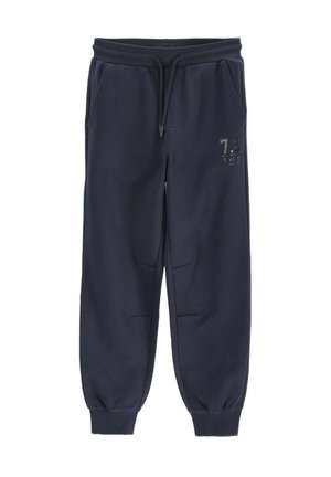 Navy blue sweatpants with elastic waistband and cuffs, drawstring, side pockets, and small printed detail on upper thigh.