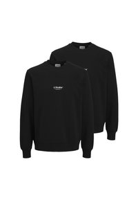 Black crewneck sweatshirts with ribbed cuffs and hem, featuring a small white "JJ Studios" logo on the front, made from soft fabric.