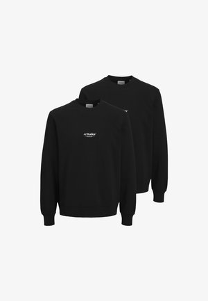 Black crewneck sweatshirts with ribbed cuffs and hem, featuring a small white "JJ Studios" logo on the front, made from soft fabric.