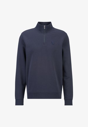 Marineblauer Pullover mit langen Ärmeln, Viertelreißverschluss am Kragen und kleinem gesticktem Logo auf der linken Brust.