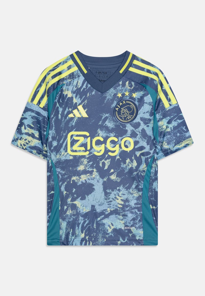 Ajax nogometna majica u plavoj boji, s apstraktnim uzorkom u žutoj. V-izrez dizajn, Adidas logo i Ziggo brendiranje na prednjoj strani.