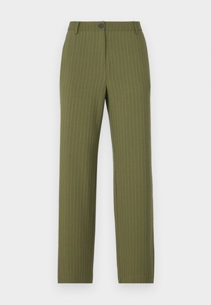 Olivnozeleni hlače s vertikalnimi belimi črtami, ki imajo gumbno zapiranje, zankice za pas in ravno krojen dizajn. Gladek teksturiran material.