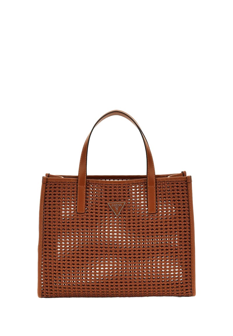 Sac fourre-tout tressé marron avec des poignées en cuir, dotée d'une plaque logo triangulaire. Conception à ouverture sur le dessus et intérieur spacieux. Fini texturé.