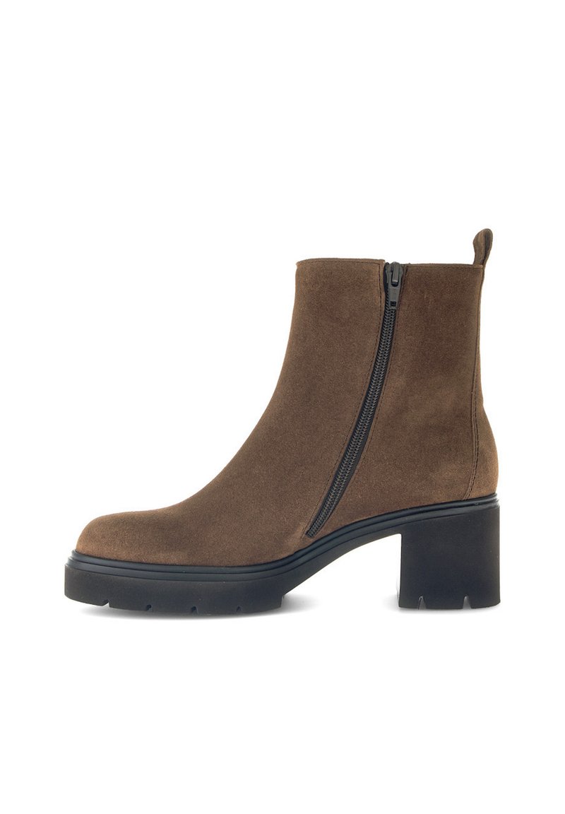 Brown suede ankle boots with a side zipper, rounded toe, and chunky black heel. Features a smooth texture and minimalistic design.