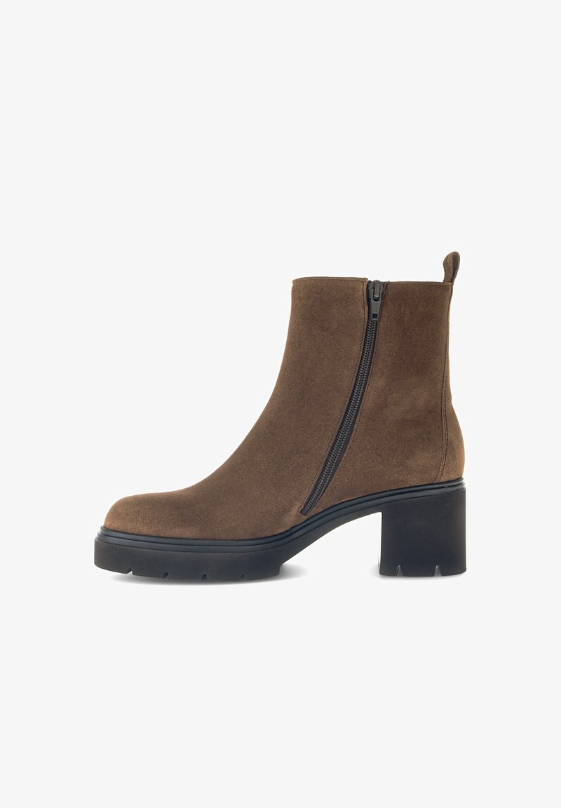 Brown suede ankle boots with a side zipper, rounded toe, and chunky black heel. Features a smooth texture and minimalistic design.