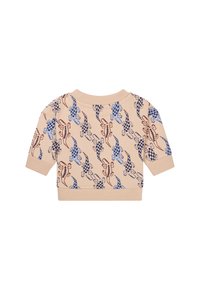 Beiger Pullover mit kurzen Ärmeln und geripptem Halsausschnitt, verziert mit bunten Dinosaurier- und karierten Mustern.