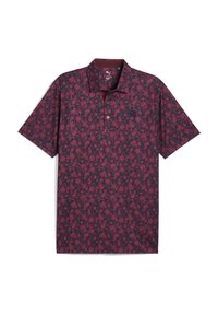 Kortærmet polo-shirt i mørkeburgunder med blomstermotiv, der har krave, tre-knaps placket og blød, struktureret stof.