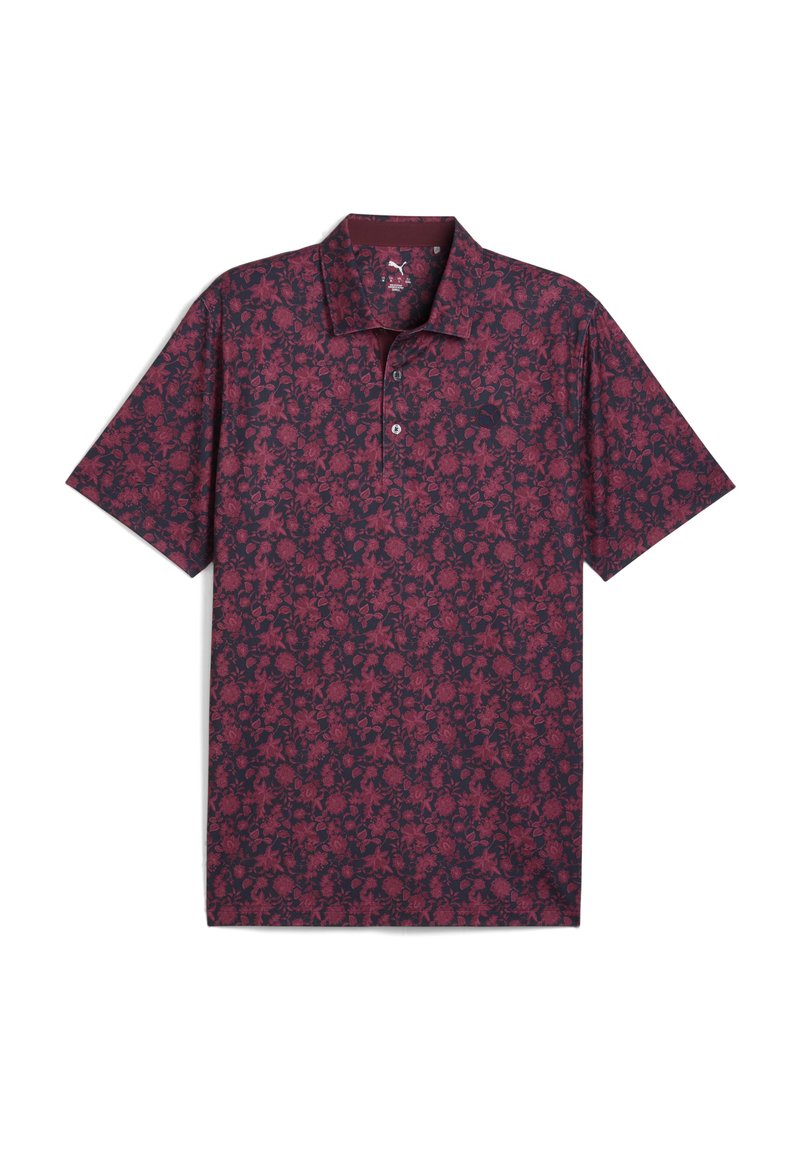Kortærmet polo-shirt i mørkeburgunder med blomstermotiv, der har krave, tre-knaps placket og blød, struktureret stof.