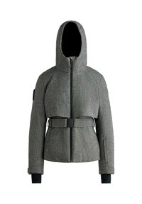 Šedá, kapucňová bunda so zipsom vpredu, opaskom v páse a kontrastnými čiernymi manžetami. Vyznačuje sa štruktúrovaným dizajnom a textúrovanou tkaninou.