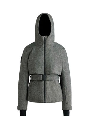Šedá, kapucňová bunda so zipsom vpredu, opaskom v páse a kontrastnými čiernymi manžetami. Vyznačuje sa štruktúrovaným dizajnom a textúrovanou tkaninou.