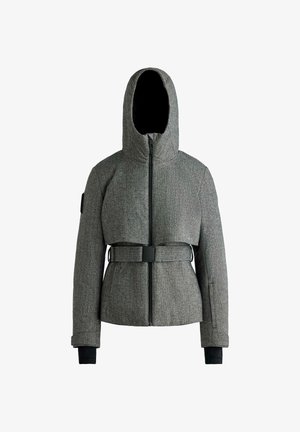 Šedá, kapucňová bunda so zipsom vpredu, opaskom v páse a kontrastnými čiernymi manžetami. Vyznačuje sa štruktúrovaným dizajnom a textúrovanou tkaninou.