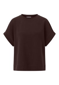 Short-sleeve, dark brown sweatshirt with a round neckline, relaxed fit, and soft texture; features a solid color and minimalistic design.