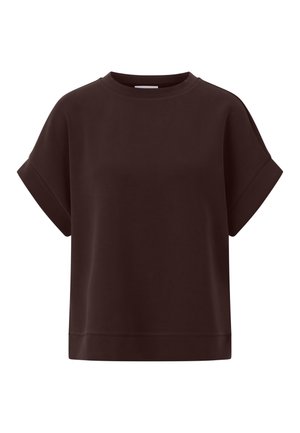 Short-sleeve, dark brown sweatshirt with a round neckline, relaxed fit, and soft texture; features a solid color and minimalistic design.
