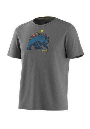 Graues T-Shirt mit kurzen Ärmeln und einem farbenfrohen Bärenmotiv aus geschichteten Konturen sowie einer gelben Sonne darüber, unter dem Motiv mit "Smartwool" beschriftet.