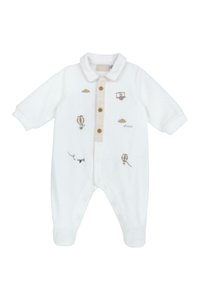 Un body blanc pour bébé en matériau doux, avec une patte de boutonnage beige, des manches courtes, et des ballons à air chaud et des nuages brodés.