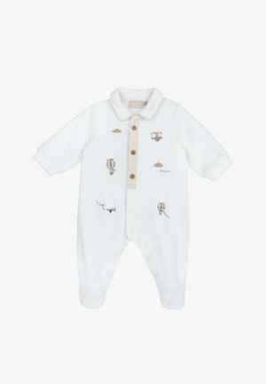 White baby onesie made of soft material, featuring a beige button placket, short sleeves, and embroidered hot air balloons and clouds.