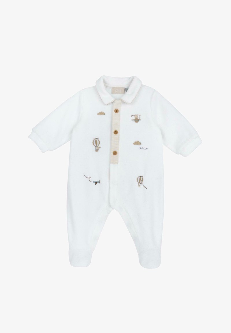 Un body blanc pour bébé en matériau doux, avec une patte de boutonnage beige, des manches courtes, et des ballons à air chaud et des nuages brodés.