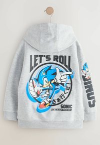 Grå hoodie præsenteret mod en neutral baggrund, med et stort grafisk design af Sonic the Hedgehog og teksten "LAD OS RULLE" i fede bogstaver.