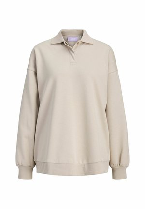 Beige tröja med klassisk krage, långa ärmar och ribbade muddar. Tillverkad av mjukt, slätt tyg med en avslappnad passform.