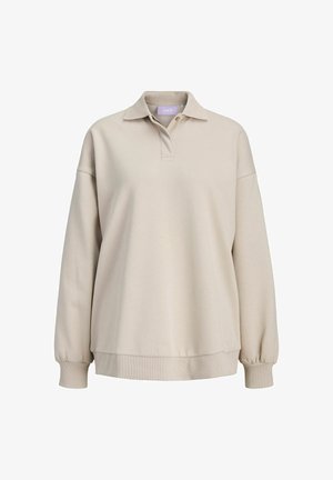 Beige pullover with a classic collar, long sleeves, and ribbed cuffs. Made from soft, smooth fabric with a relaxed fit.