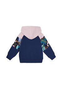 Granatowa bluza z różowym kapturem, z rękawami w kwiatowy wzór w kolorach zielonym i różowym. Wykonana z miękkiego materiału, z prążkowanymi ściągaczami na rękawach i dole.