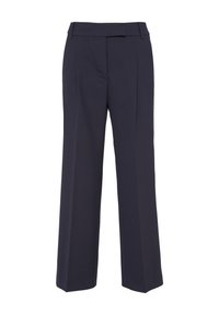Pantalons évasés en tissu bleu marine foncé, avec une taille haute, des plis à l'avant et une texture lisse. Sans poches ni quincaillerie visible.