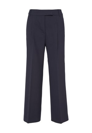 Pantaloni a gamba larga in tessuto blu scuro, caratterizzati da una vita alta, pince frontali e una superficie liscia. Senza tasche o accessori visibili.