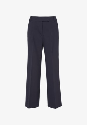 Wide-leg trousers in dark navy fabric, featuring a high waistband, front pleats, and a smooth texture. No pockets or visible hardware.