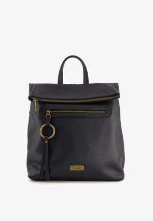 Black leather backpack with a smooth texture, top zipper, front zippered pocket, gold hardware accents, and a circular keychain attachment.