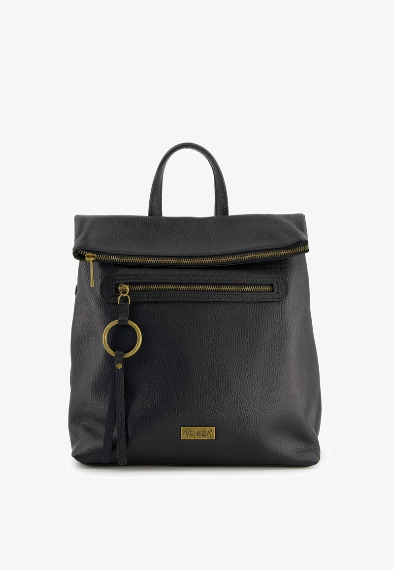 Black leather backpack with a smooth texture, top zipper, front zippered pocket, gold hardware accents, and a circular keychain attachment.