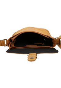 Tan leather bag with a single compartment, zipper closure, adjustable strap, and a black interior lining; features a snap button detail.