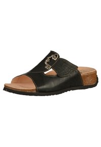Schwarze Leder-Sandalen mit Korksohle, offenes Design, verstellbarer Riemen mit metallischen Akzenten und strukturierten Details im Obermaterial.