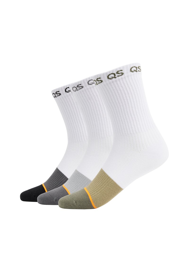Drei Paare von Crew-Socken in Weiß, Grau und Olivgrün. Jede hat eine gerippte Textur und kontrastierende verstärkte Zehen in Schwarz, Grau und Orange.
