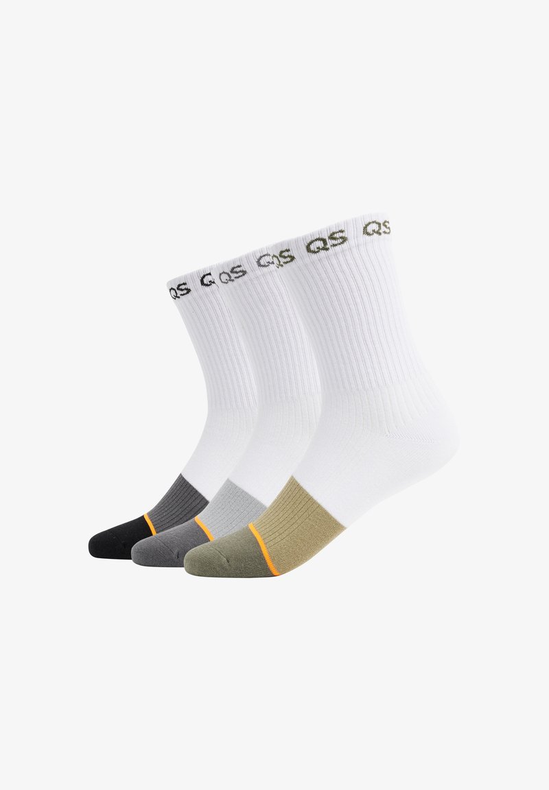 Tre paia di calze da crew in bianco, grigio e verde oliva. Ognuna ha una texture a coste e punte rinforzate a contrasto in nero, grigio e arancione.