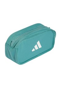 Estuche rectangular con cremallera de color verde azulado, hecho de un tejido duradero con superficie texturizada, que presenta un logotipo blanco y una cremallera suave.