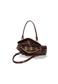 Borsa in pelle marrone con due manici arrotondati, scomparti con zip e foderatura in tessuto scozzese. Presenta tasche per l'organizzazione.