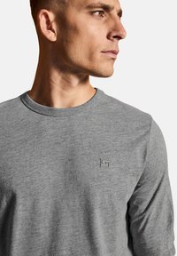 Graues Langarmshirt aus weichem Stoff mit Rundhalsausschnitt. Verfügt über ein kleines Logo auf der Brust und einem gerippten Halsausschnitt.